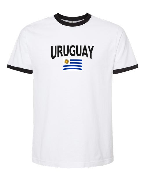 Uruguay Soccer Ringer Tee 2026 — Classic Name & Flag | NYC Factory - White/Black