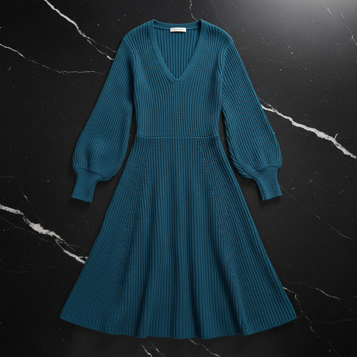 Teal Ribbed Knit V-Neck A-Line Midi Dress
