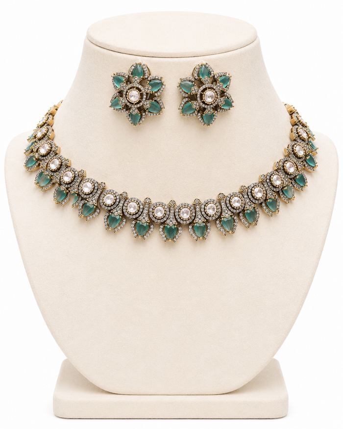 Victorian Emerald-Green AD Stone Choker Set – American Diamond Bridal Necklace – Pabeena