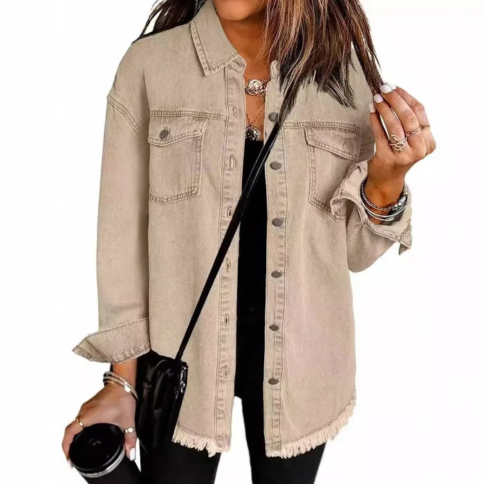 Women’s Distressed-Hem Long Denim Shirt Jacket
