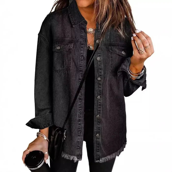 Women’s Distressed-Hem Long Denim Shirt Jacket