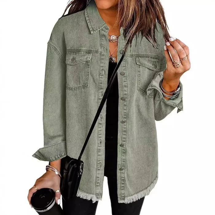 Women’s Distressed-Hem Long Denim Shirt Jacket