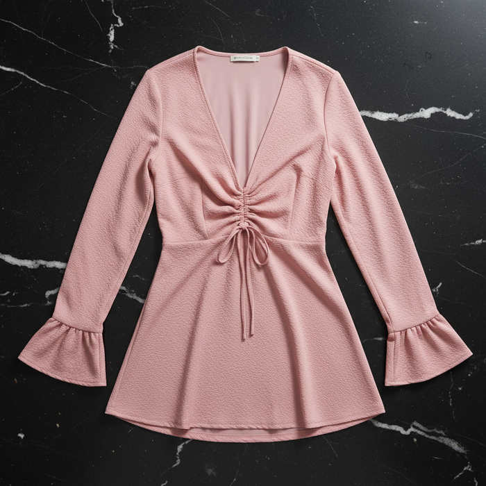 Pink V-Neck Ruched Tunic Top – Slim Sleeves
