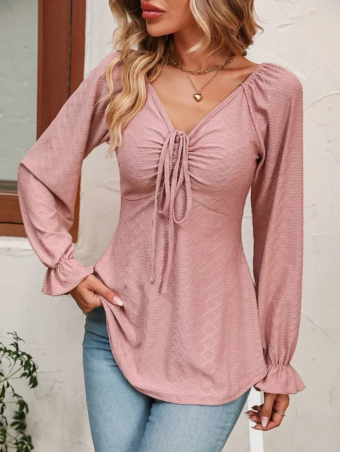 Women's V-Neck Drawstring Waist Long Sleeve Blouse