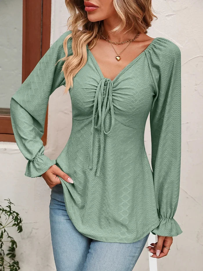 Women's V-Neck Drawstring Waist Long Sleeve Blouse