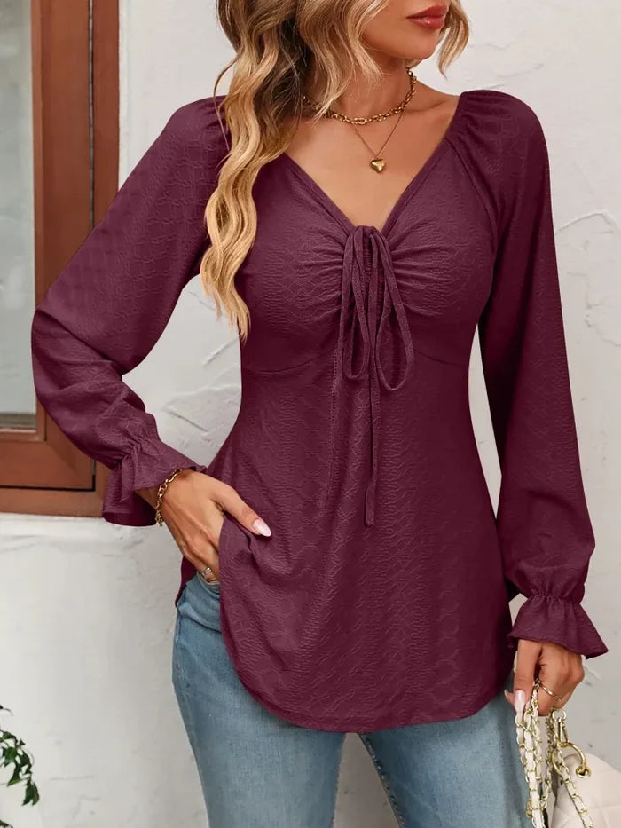 Women's V-Neck Drawstring Waist Long Sleeve Blouse